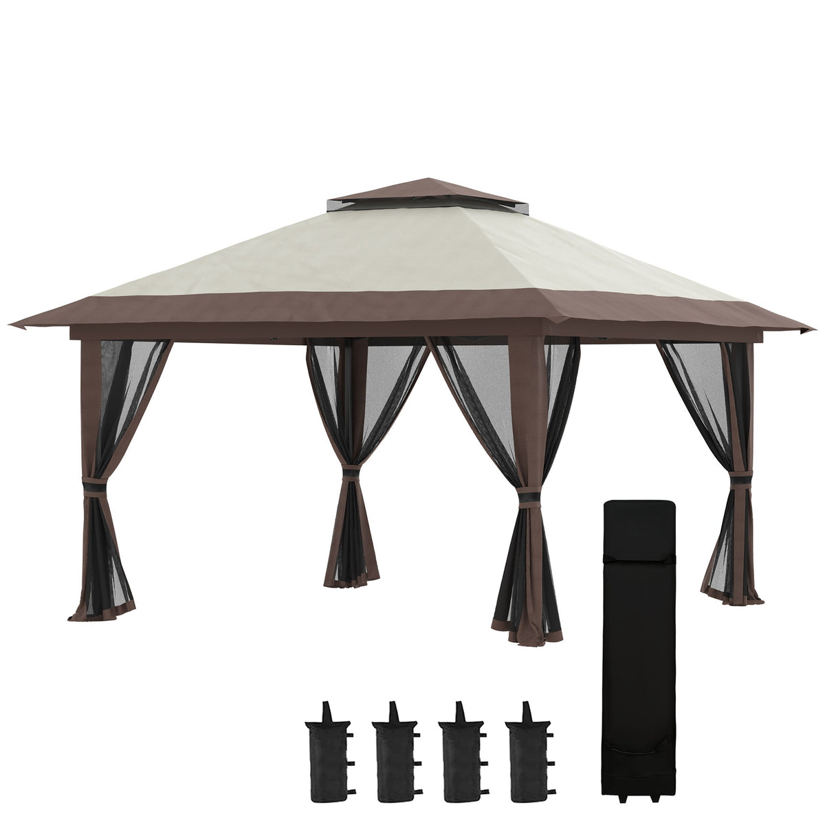 Outsunny 13' x 13' Pop Up Gazebo with Netting, Instant Canopy Tent Shelter with 2-Tier Roof,  Wheeled Carry Bag, Water/Sand Bags for Outdoor, Garden, Parties, Beige