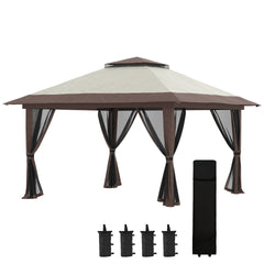Outsunny 13' x 13' Pop Up Gazebo with Netting, Instant Canopy Tent Shelter with 2-Tier Roof,  Wheeled Carry Bag, Water/Sand Bags for Outdoor, Garden, Parties, Beige