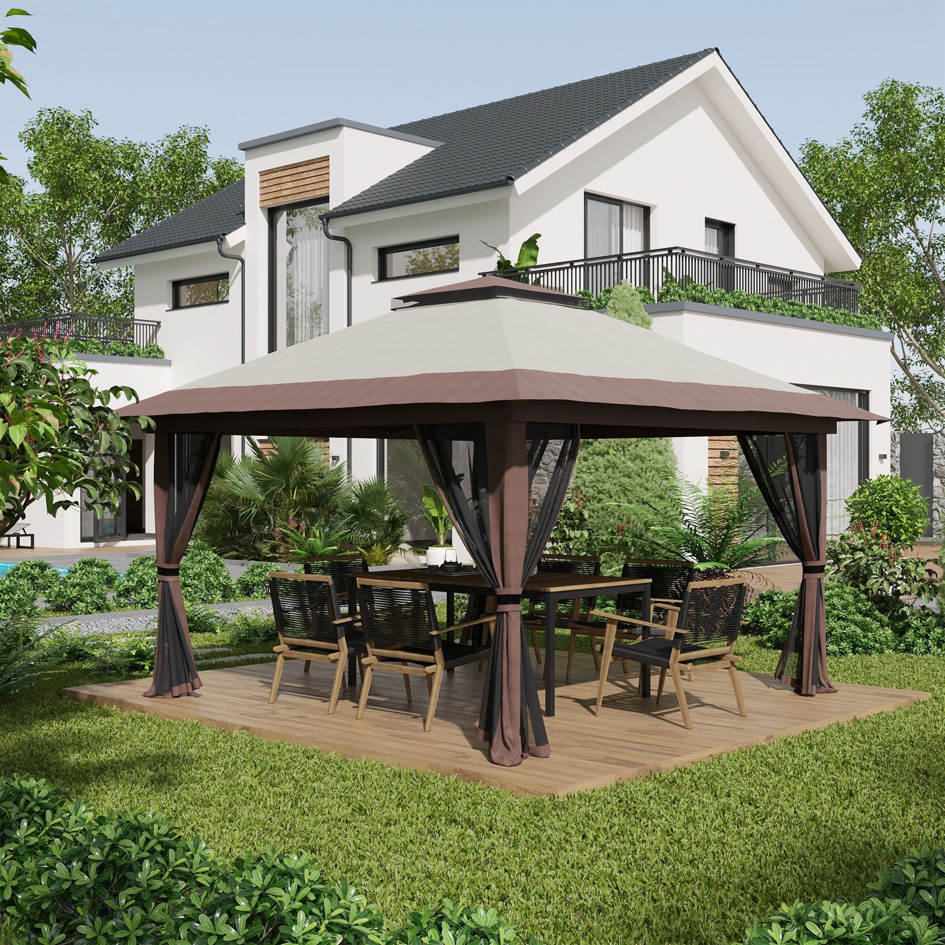 Outsunny 13' x 13' Pop Up Gazebo with Netting, Instant Canopy Tent Shelter with 2-Tier Roof,  Wheeled Carry Bag, Water/Sand Bags for Outdoor, Garden, Parties, Beige