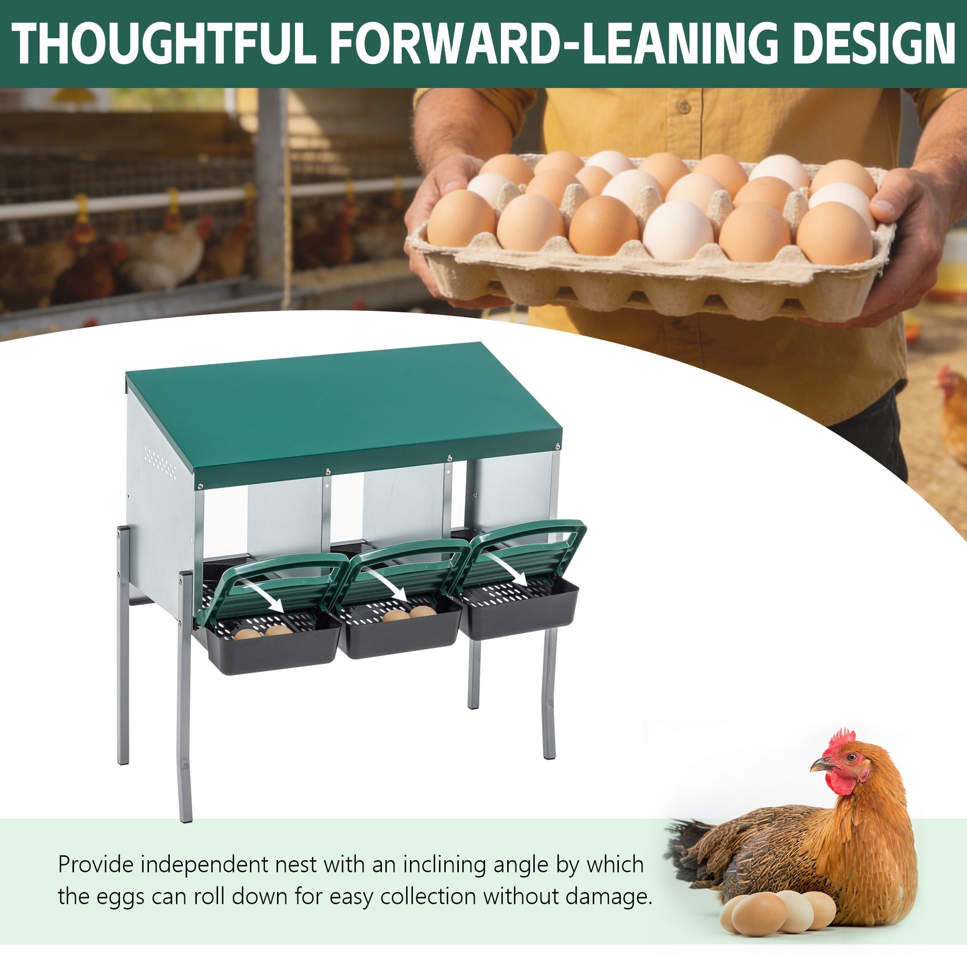 Nesting Boxes for Chickens, 3 Holes Chicken Nesting Boxes with Legs, Chicken Laying Box with Lid Cover, for Outdoor Chicken Coop Farm Yard, Rreen