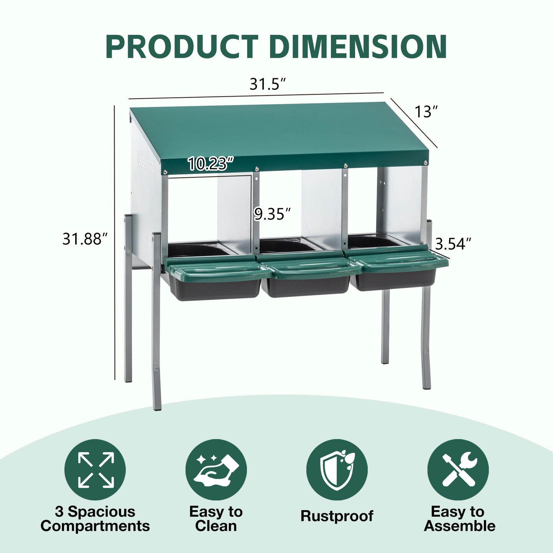 Nesting Boxes for Chickens, 3 Holes Chicken Nesting Boxes with Legs, Chicken Laying Box with Lid Cover, for Outdoor Chicken Coop Farm Yard, Rreen