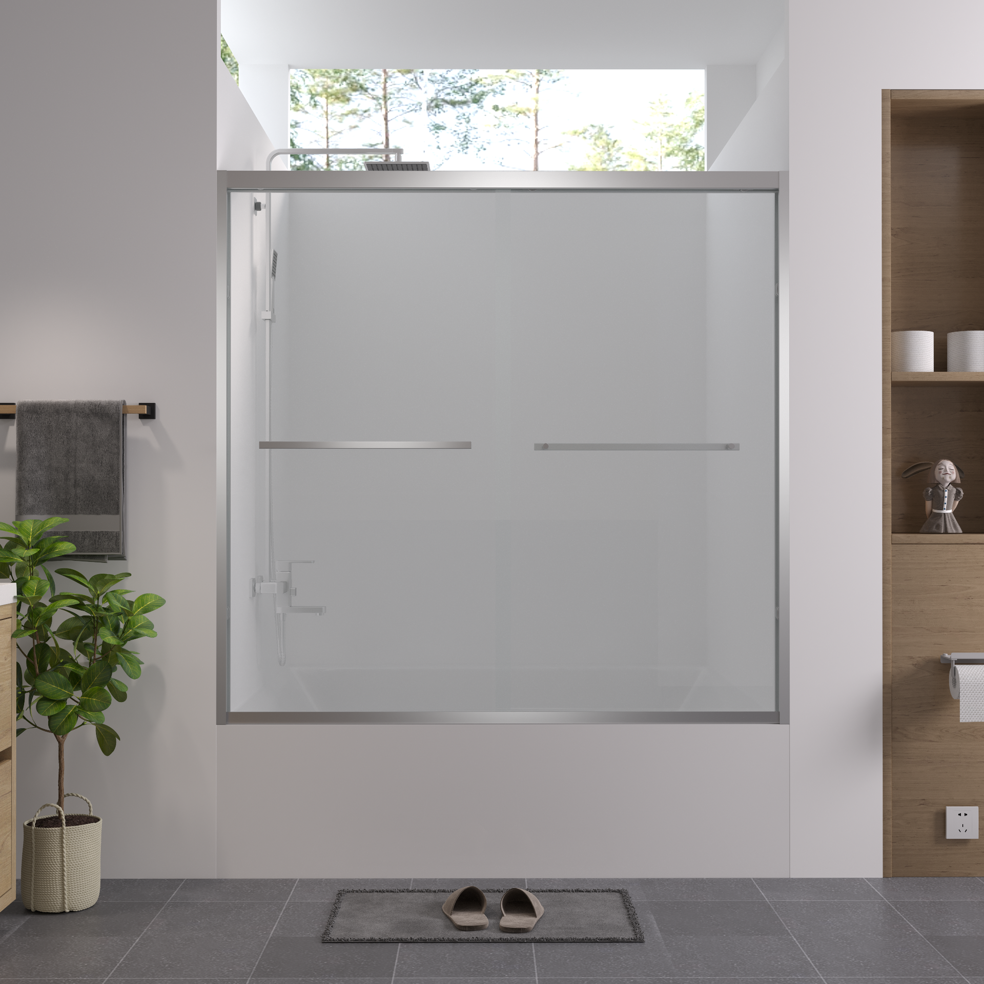 56-60"x58" Aluminum Frame Double Sliding Bathtub Screen, Bypass Bathroom Sliding Door with Premium 1/4" (6mm) Clear Tempered Glass, Chrome Hardware Sliding Glass Shower Enclosure,Chrome Finished