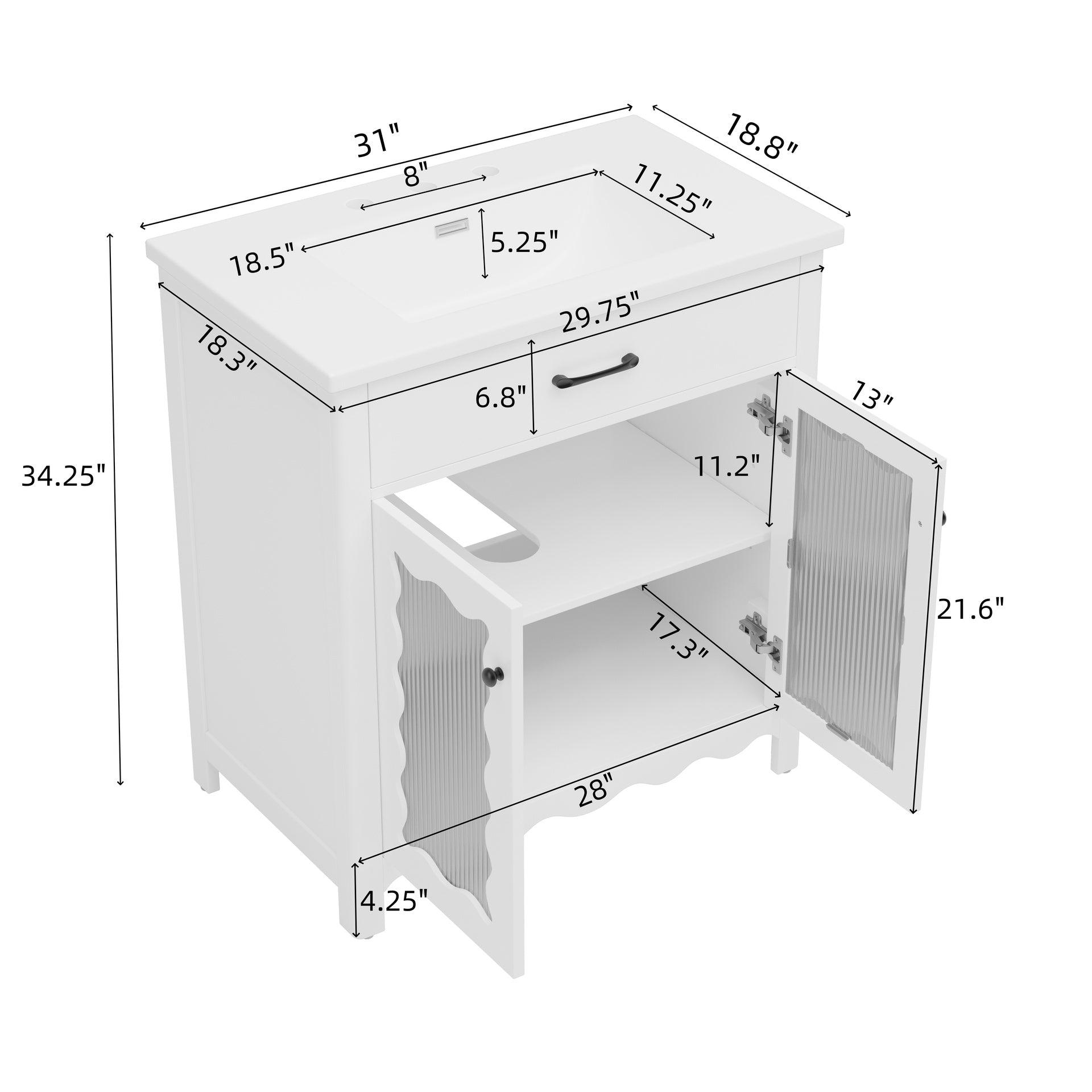 30 Inches Bathroom Vanity with Tempered Glass, Modern Bathroom Cabinet with Rubber Wood legs and Soft close Doors, White