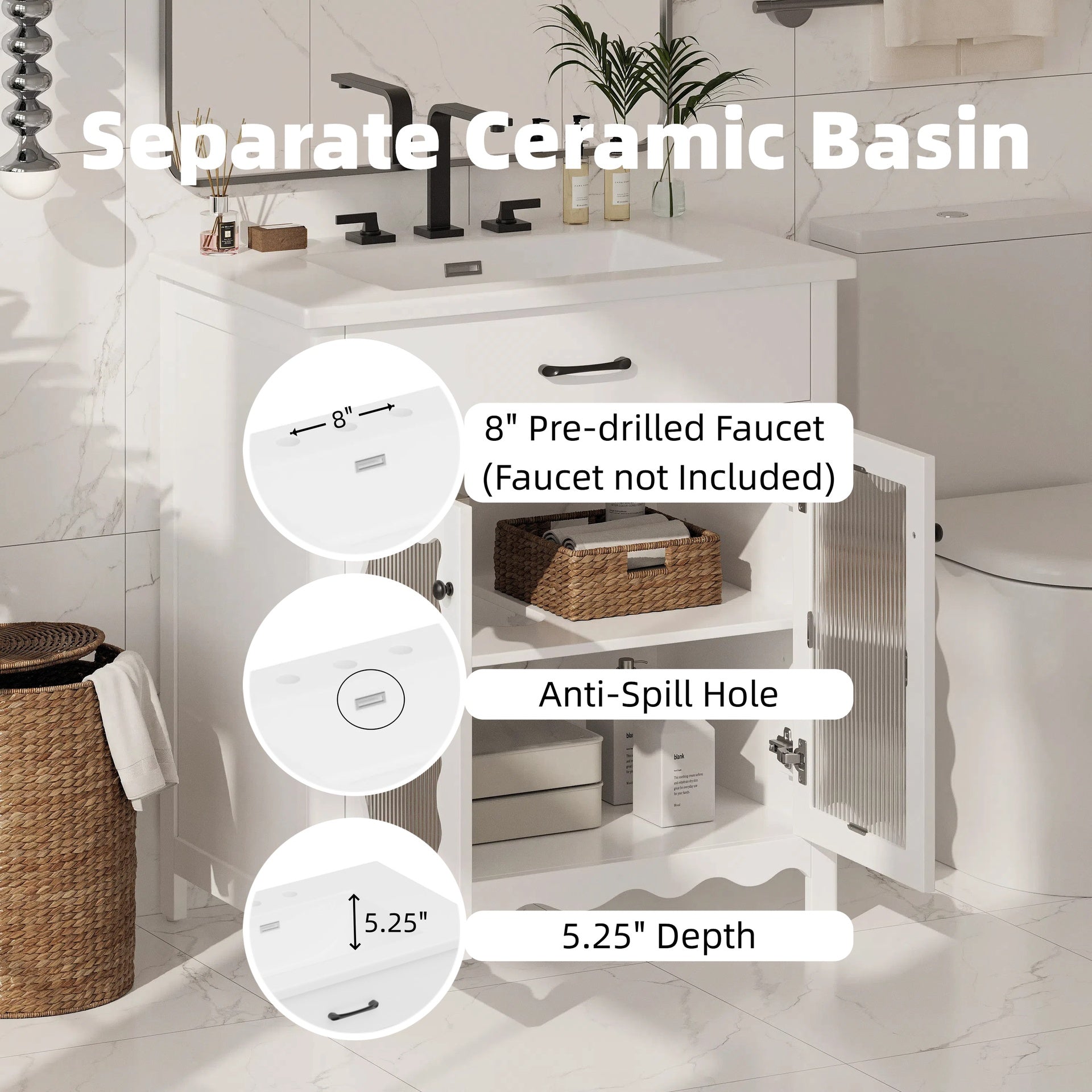30 Inches Bathroom Vanity with Tempered Glass, Modern Bathroom Cabinet with Rubber Wood legs and Soft close Doors, White