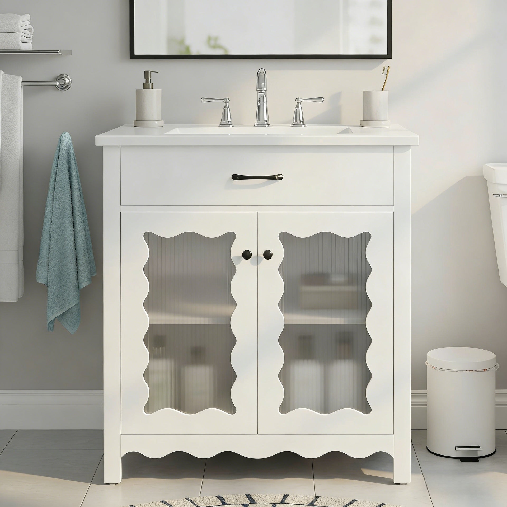 30 Inches Bathroom Vanity with Tempered Glass, Modern Bathroom Cabinet with Rubber Wood legs and Soft close Doors, White