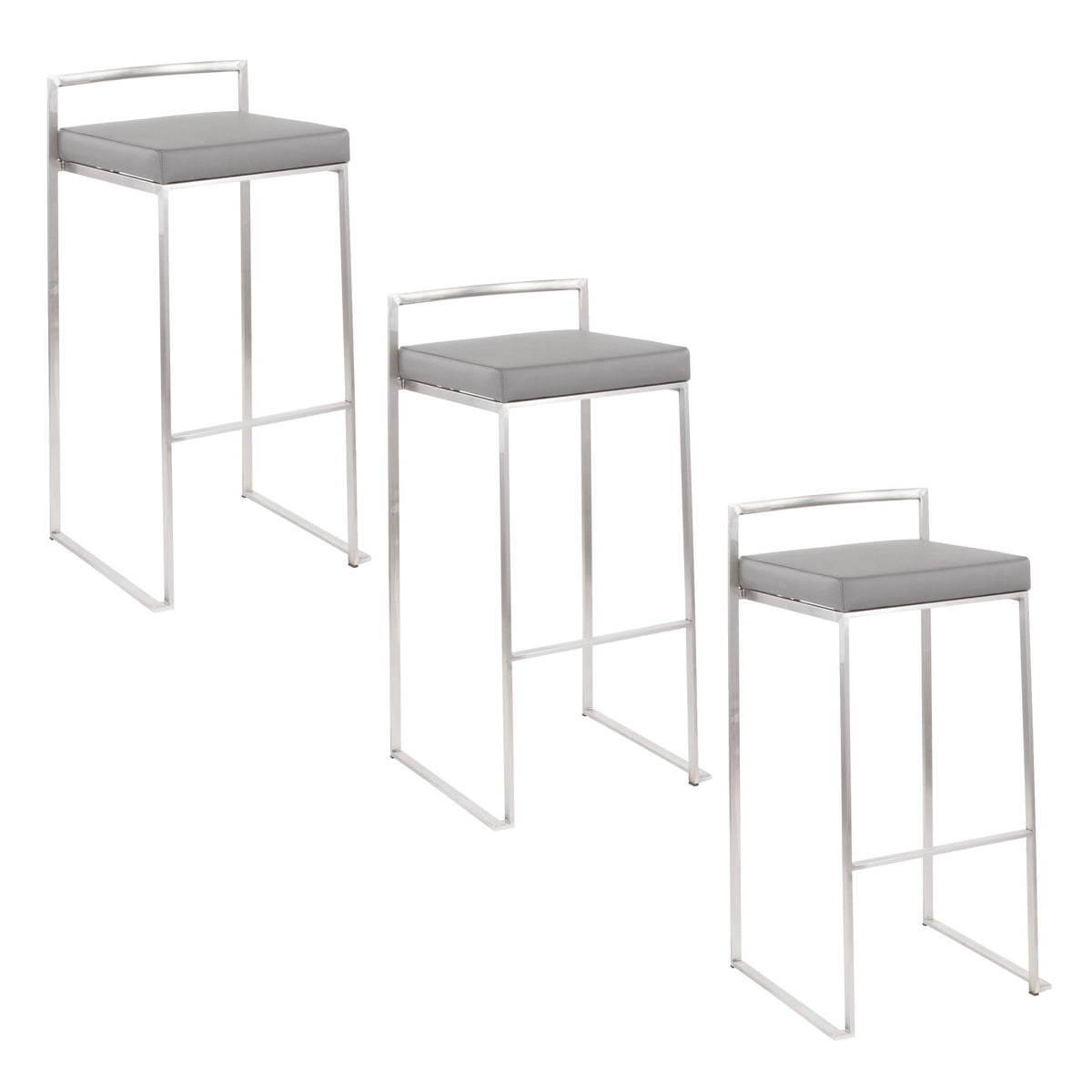 Fuji 30" Contemporary Stackable Barstool in Stainless Steel with Grey Faux Leather Cushion by LumiSource - Set of 3