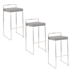 Fuji 30" Contemporary Stackable Barstool in Stainless Steel with Grey Faux Leather Cushion by LumiSource - Set of 3
