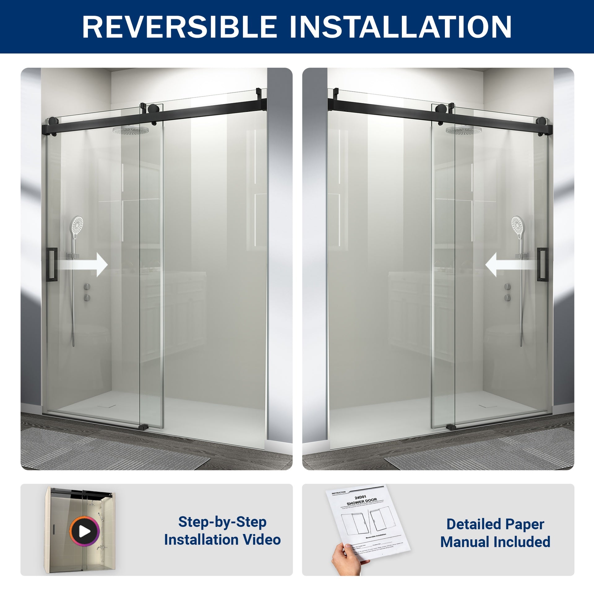 56" - 60" (W) x 76" (H) Frameless Soft-closing Shower Door, 1/4" (6mm) Tempered Glass Single Sliding with Explosion-proof Film, Matte Black GF-24D01-60MBX