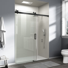56" - 60" (W) x 76" (H) Frameless Soft-closing Shower Door, 1/4" (6mm) Tempered Glass Single Sliding with Explosion-proof Film, Matte Black GF-24D01-60MBX