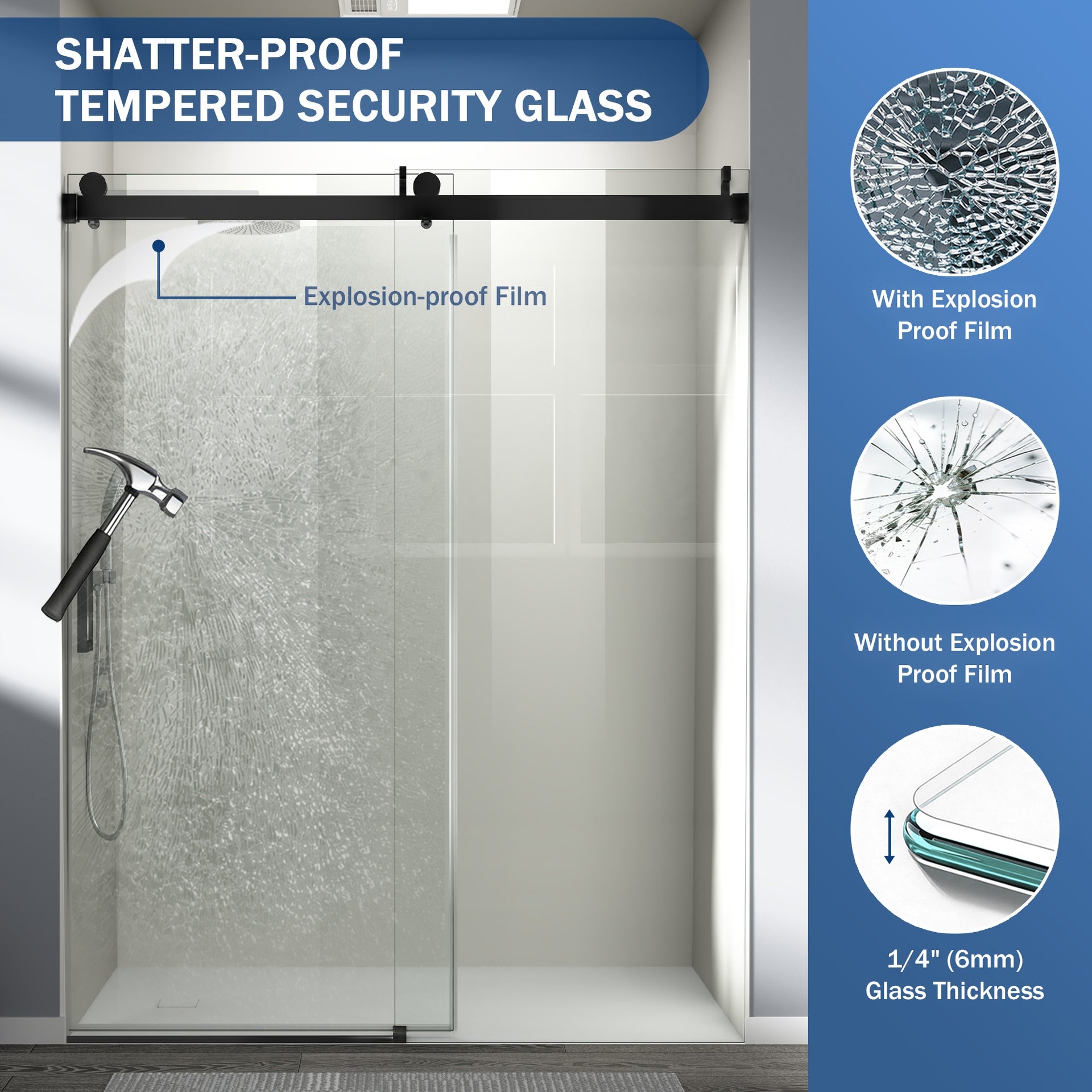 56" - 60" (W) x 76" (H) Frameless Soft-closing Shower Door, 1/4" (6mm) Tempered Glass Single Sliding with Explosion-proof Film, Matte Black GF-24D01-60MBX