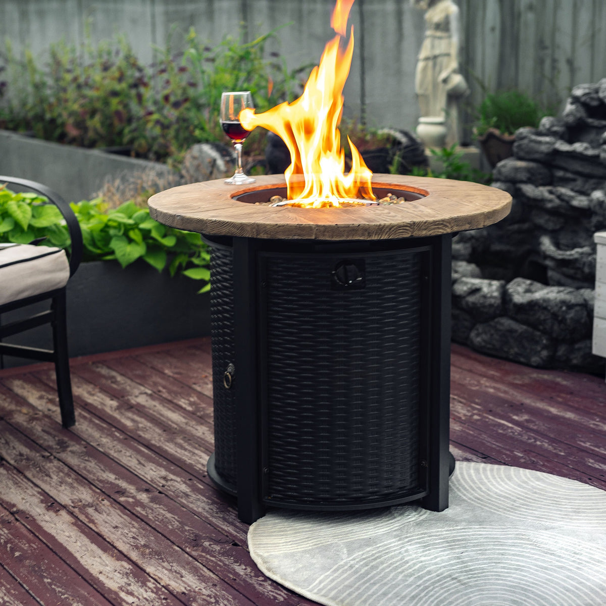 30" Propane Gas Fire Pit Table, 50000 BTU Round Steel Fire Pit with Imitation Wood Grain Finish for Outside Patio Deck Garden Backyard- Black