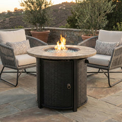 30" Propane Gas Fire Pit Table, 50000 BTU Round Steel Fire Pit with Imitation Wood Grain Finish for Outside Patio Deck Garden Backyard- Black