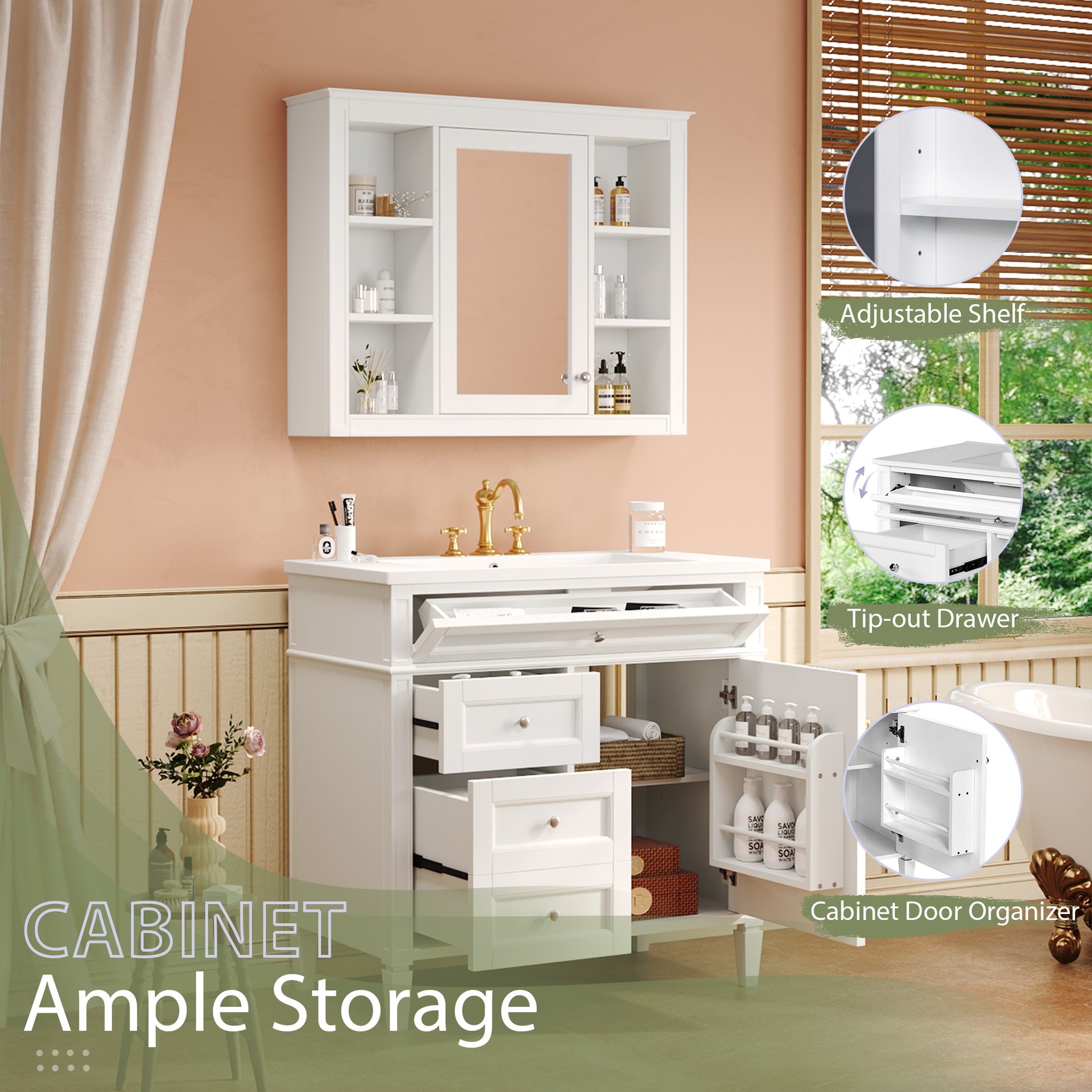 36'' Bathroom Vanity with  Medicine Cabinet, Modern Bathroom Storage Cabinet with 2 Soft Closing Doors and 4 Drawers, Single Sink Bathroom Vanity