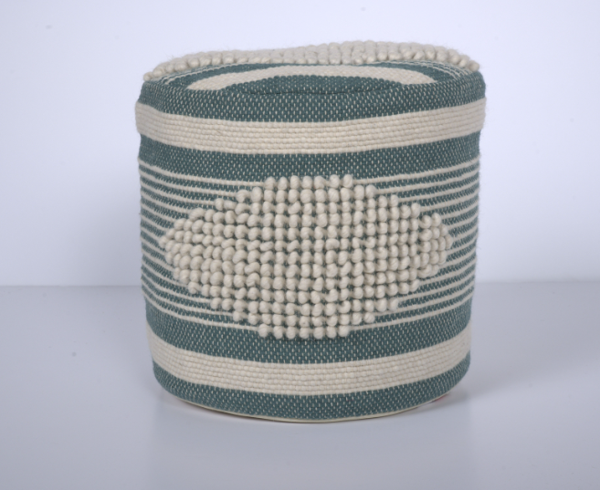 Diamond Handcrafted Fabric Cylindrical Pouf, White and Teal