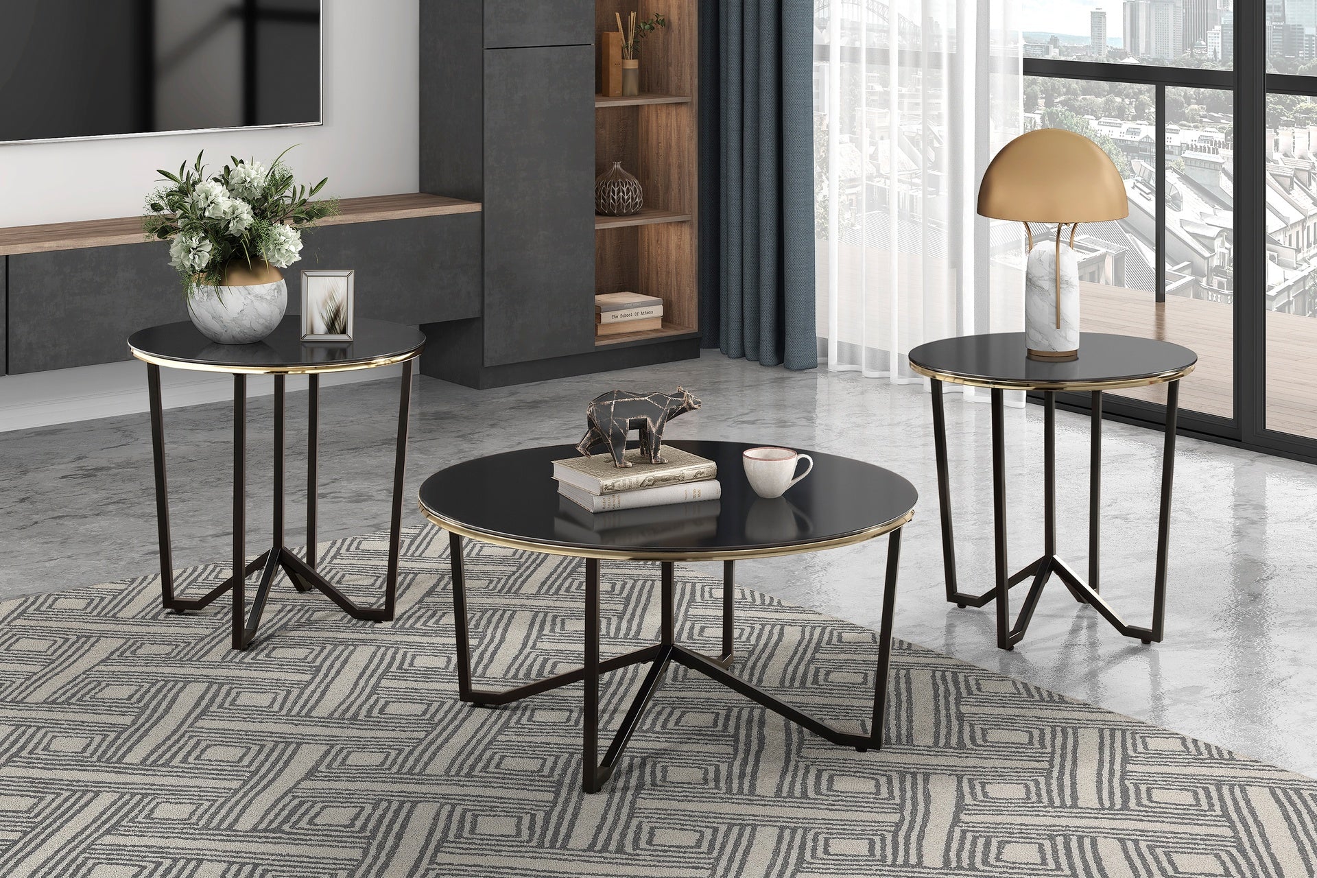 Round Coffee Table and End Tables 3pc Set Black Tempered Glass Top Metal Frame Modern Living Room Furniture