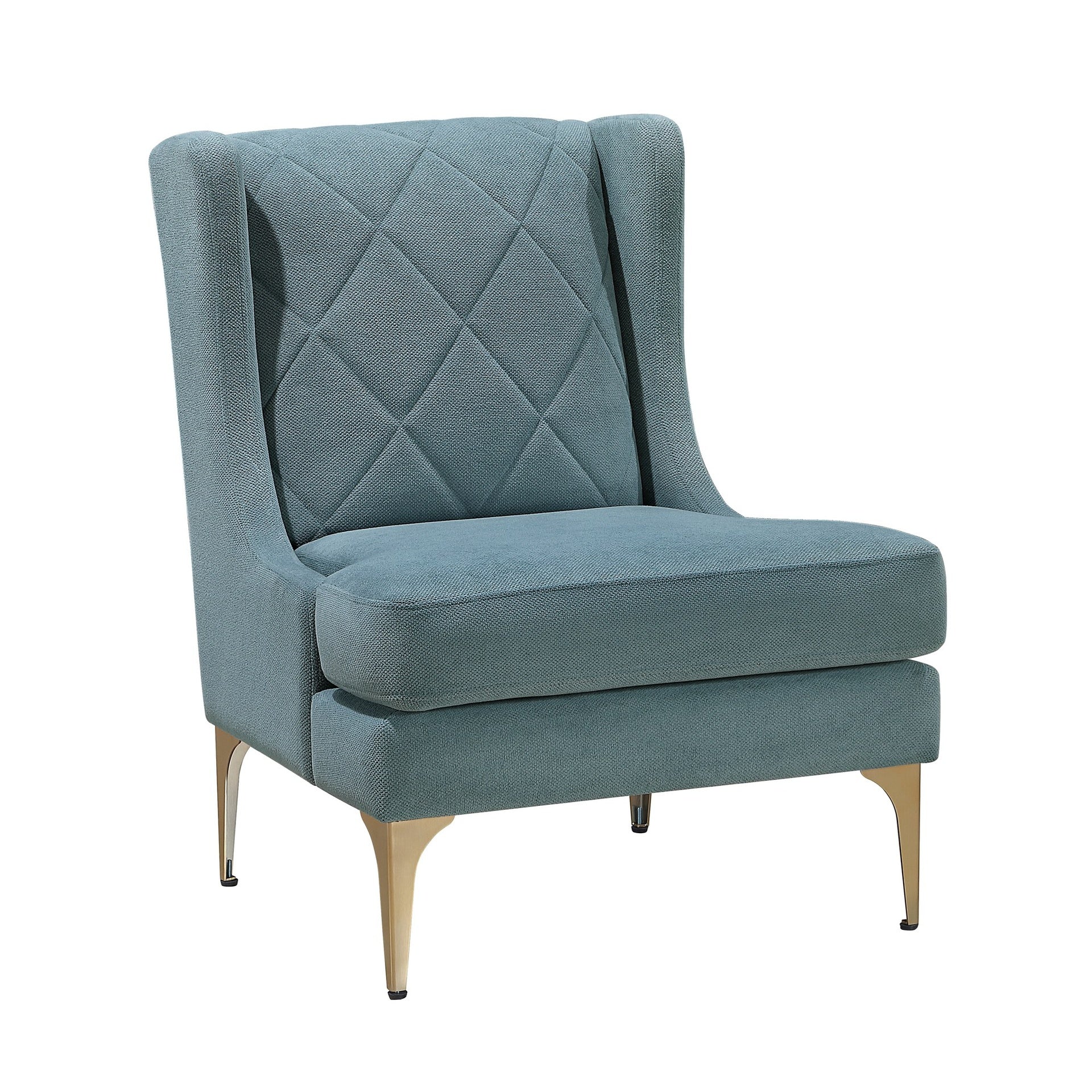 Modern Luxury Blue Chenille Upholstery Wingback Accent Chair 1pc Gold Finish Metal Legs Pocket Coils Diamond Stitched Furniture