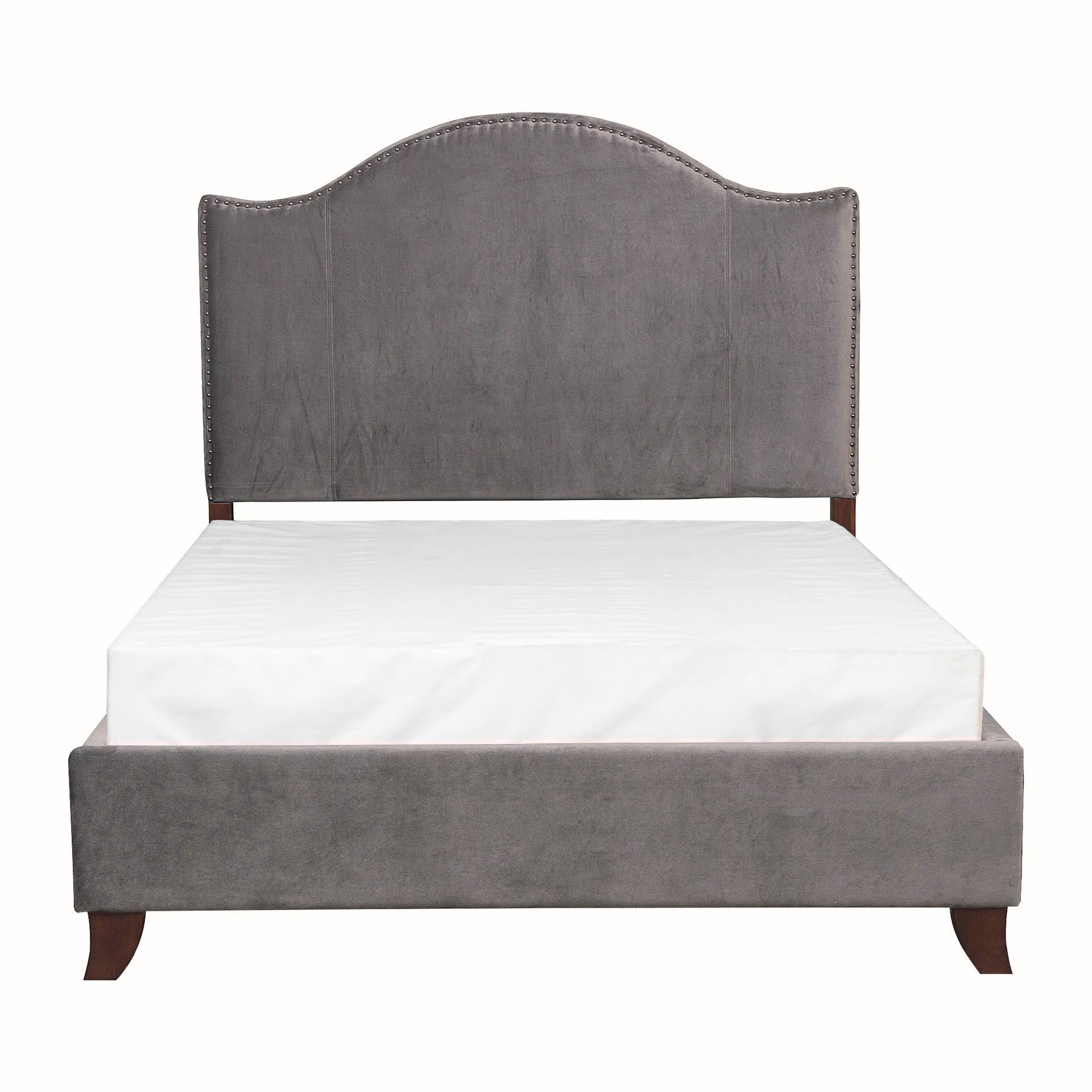 Modern Traditional Bedroom Gray Velvet Upholstered Full Bed Camelback Headboard Nailhead Trim Solid Wood Furniture 1pc Panel Bed