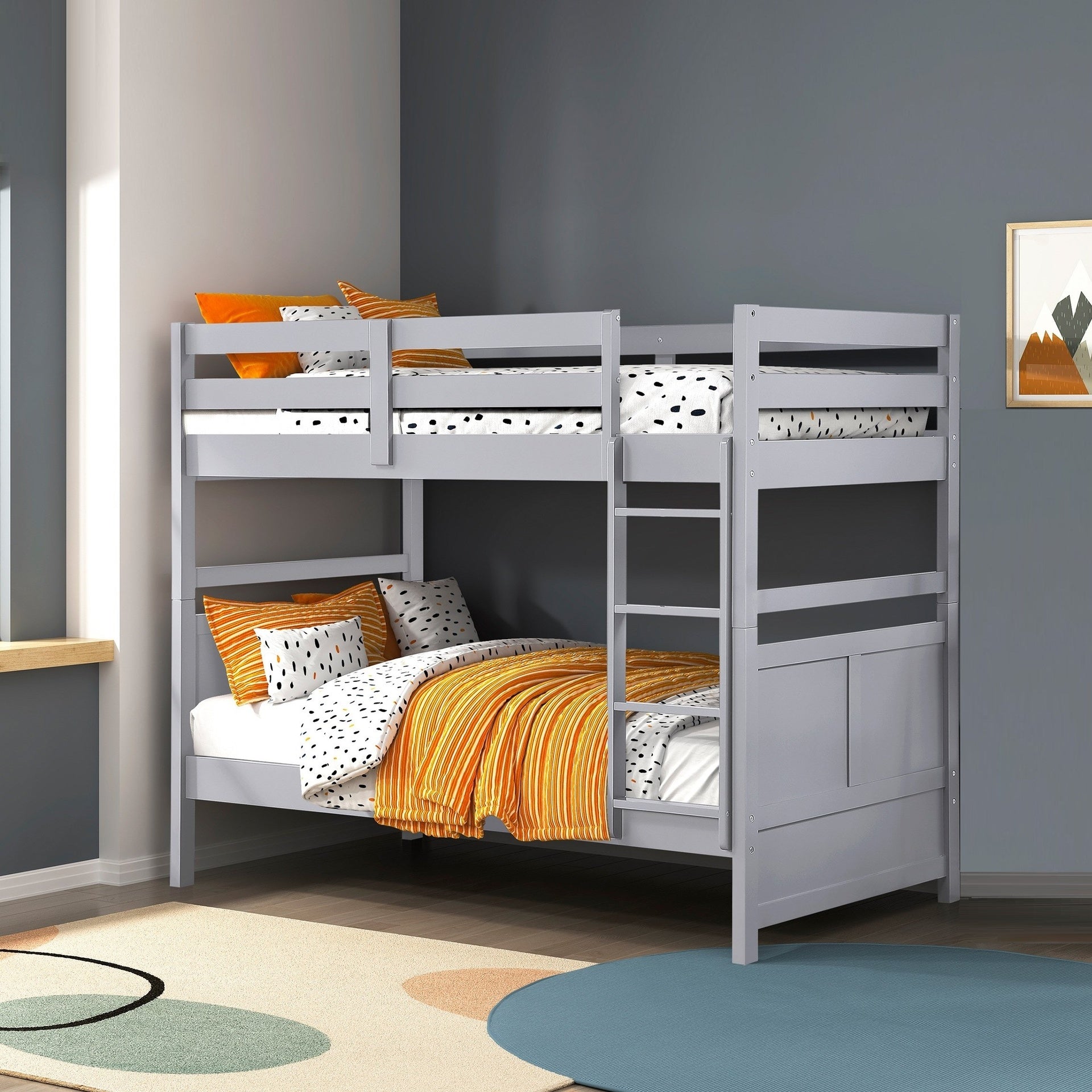 Bunk Bed Twin Over Twin Gray Finish Sturdy Wood Frame Guard Rails Youth Bedroom Furniture 1pc