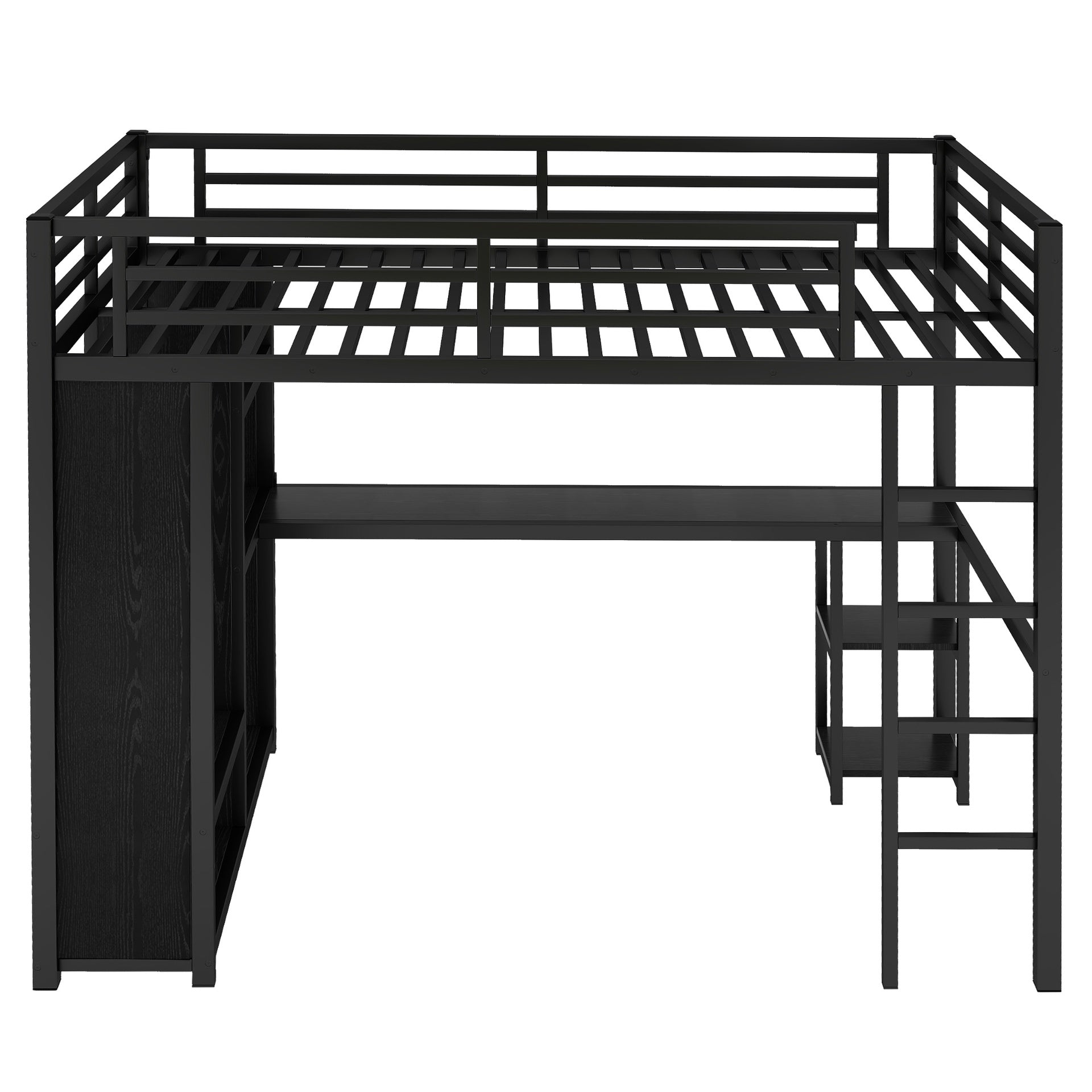 Full Size Loft Bed Frame with Built-in Wardrobe, Metal Loft Bed with Desk and Storage Shelves, Black