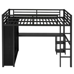 Full Size Loft Bed Frame with Built-in Wardrobe, Metal Loft Bed with Desk and Storage Shelves, Black