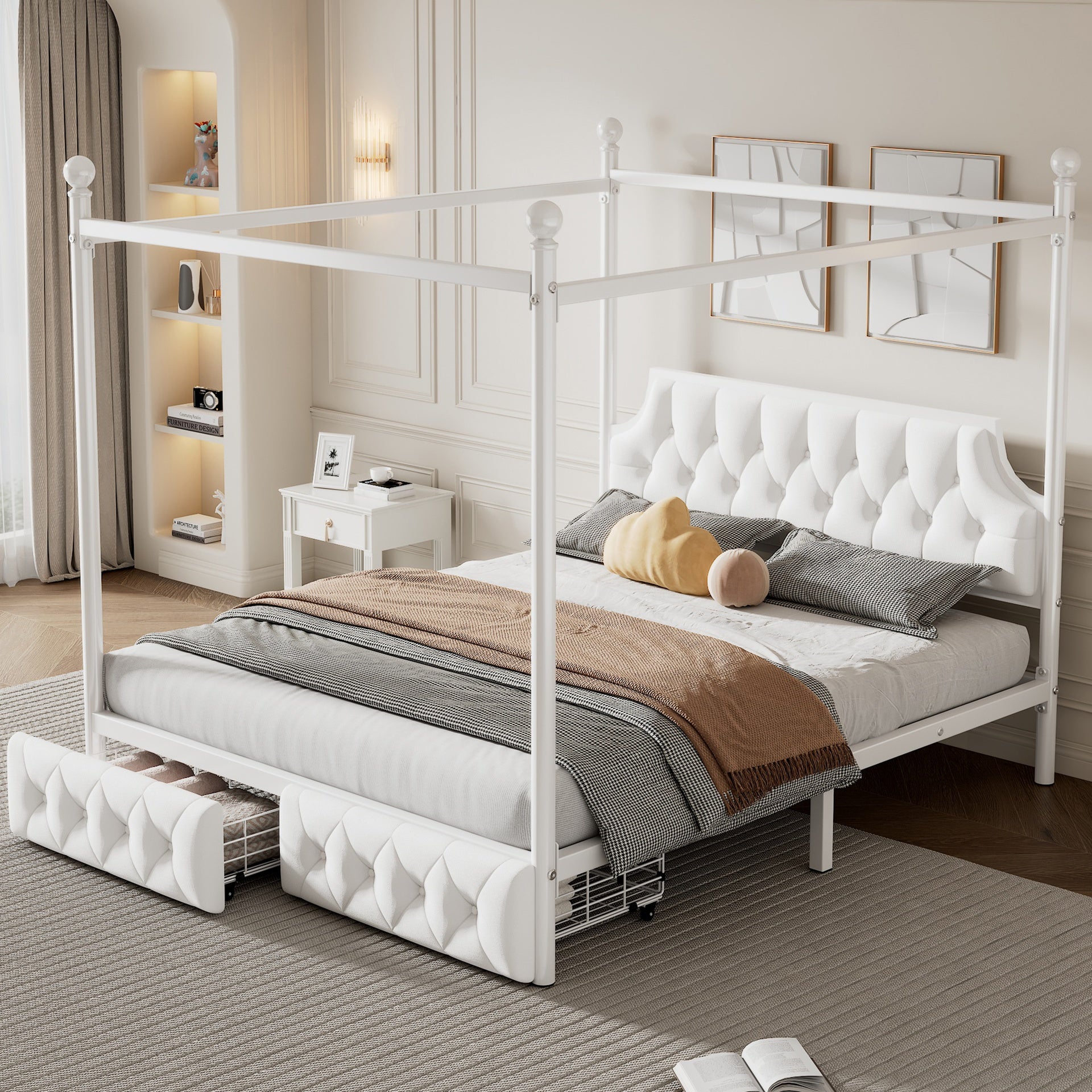 Queen Size Metal Canopy Platform Bed with Upholstered Headboard and Two Storage Drawers, White