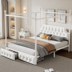 Queen Size Metal Canopy Platform Bed with Upholstered Headboard and Two Storage Drawers, White