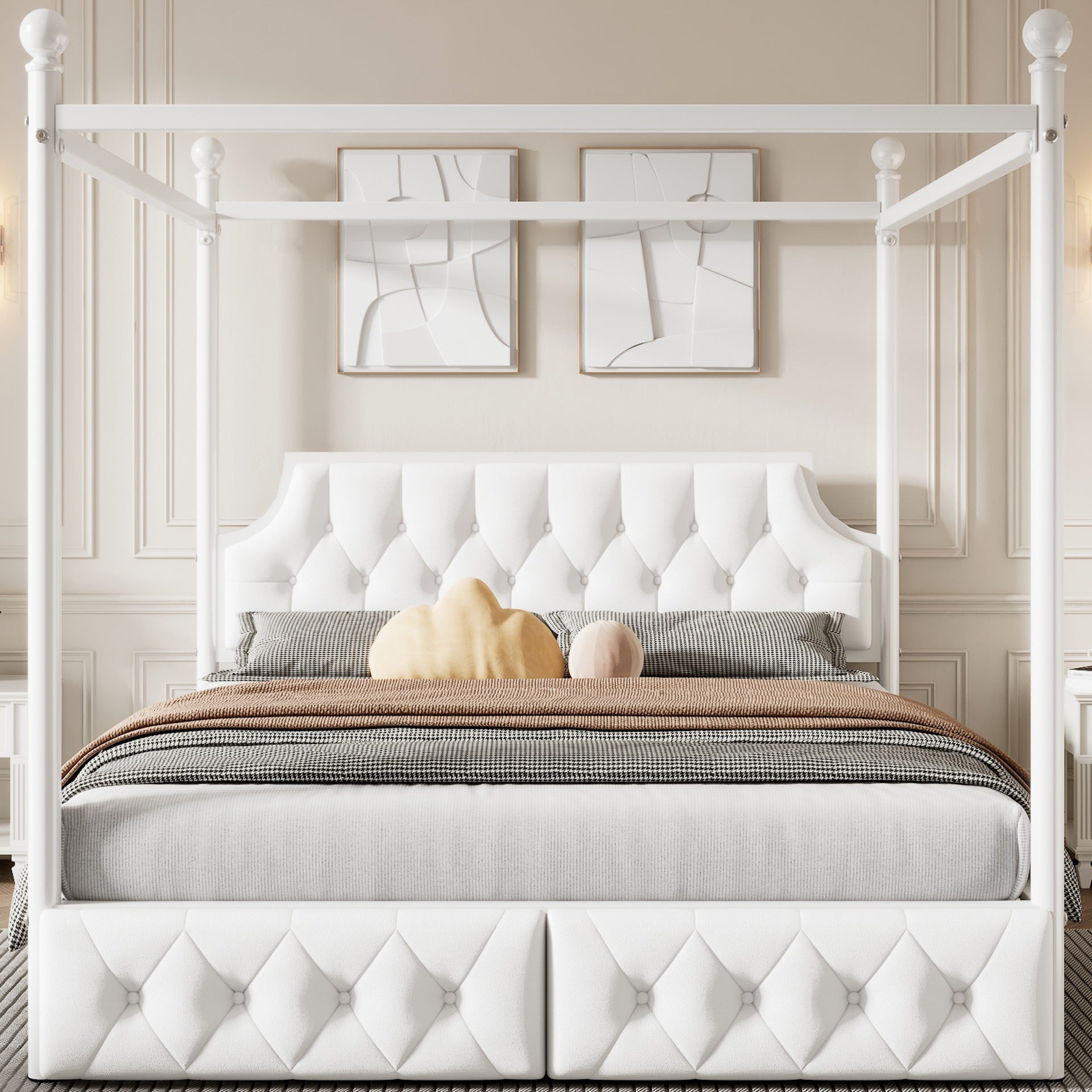 Queen Size Metal Canopy Platform Bed with Upholstered Headboard and Two Storage Drawers, White