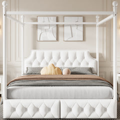 Queen Size Metal Canopy Platform Bed with Upholstered Headboard and Two Storage Drawers, White
