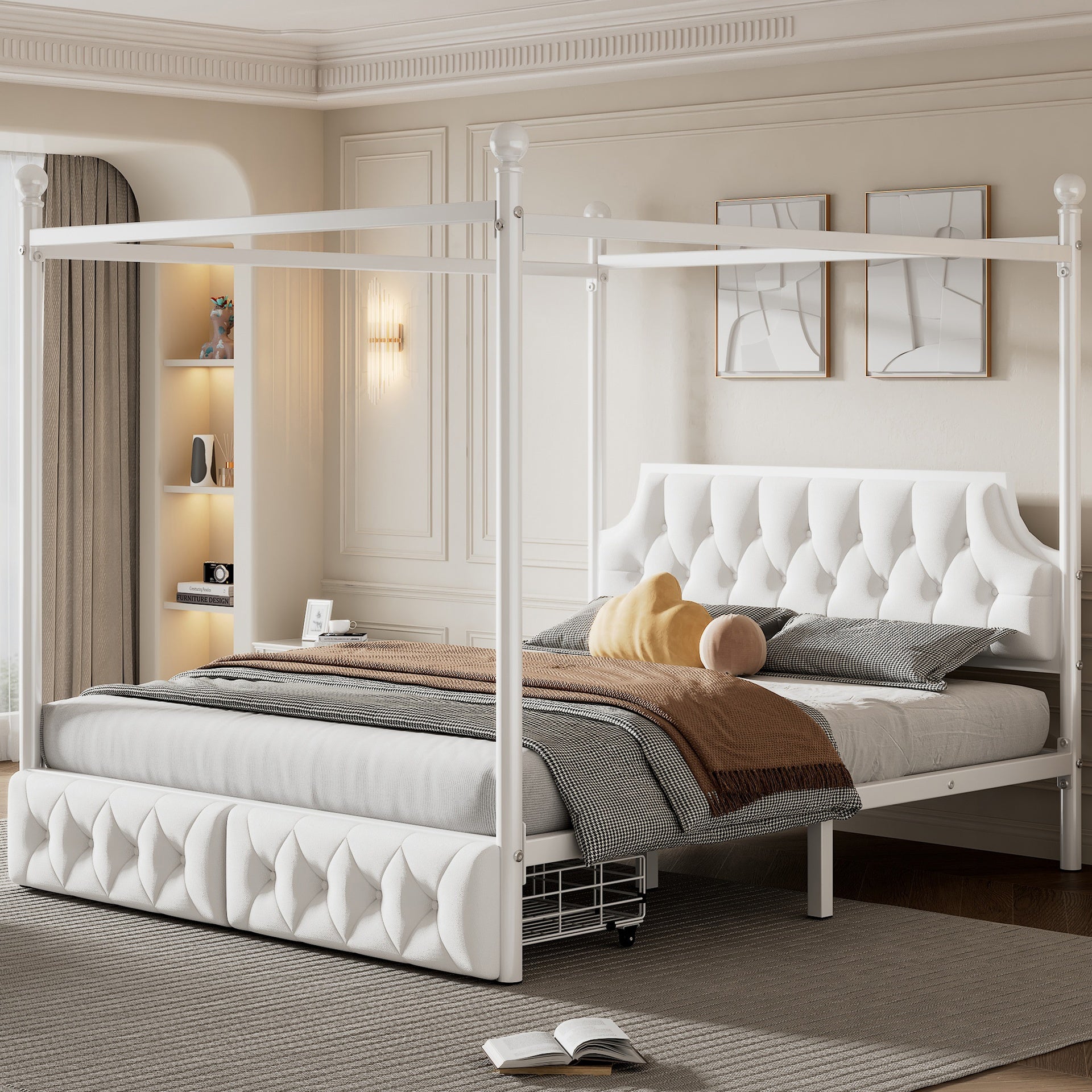 Queen Size Metal Canopy Platform Bed with Upholstered Headboard and Two Storage Drawers, White