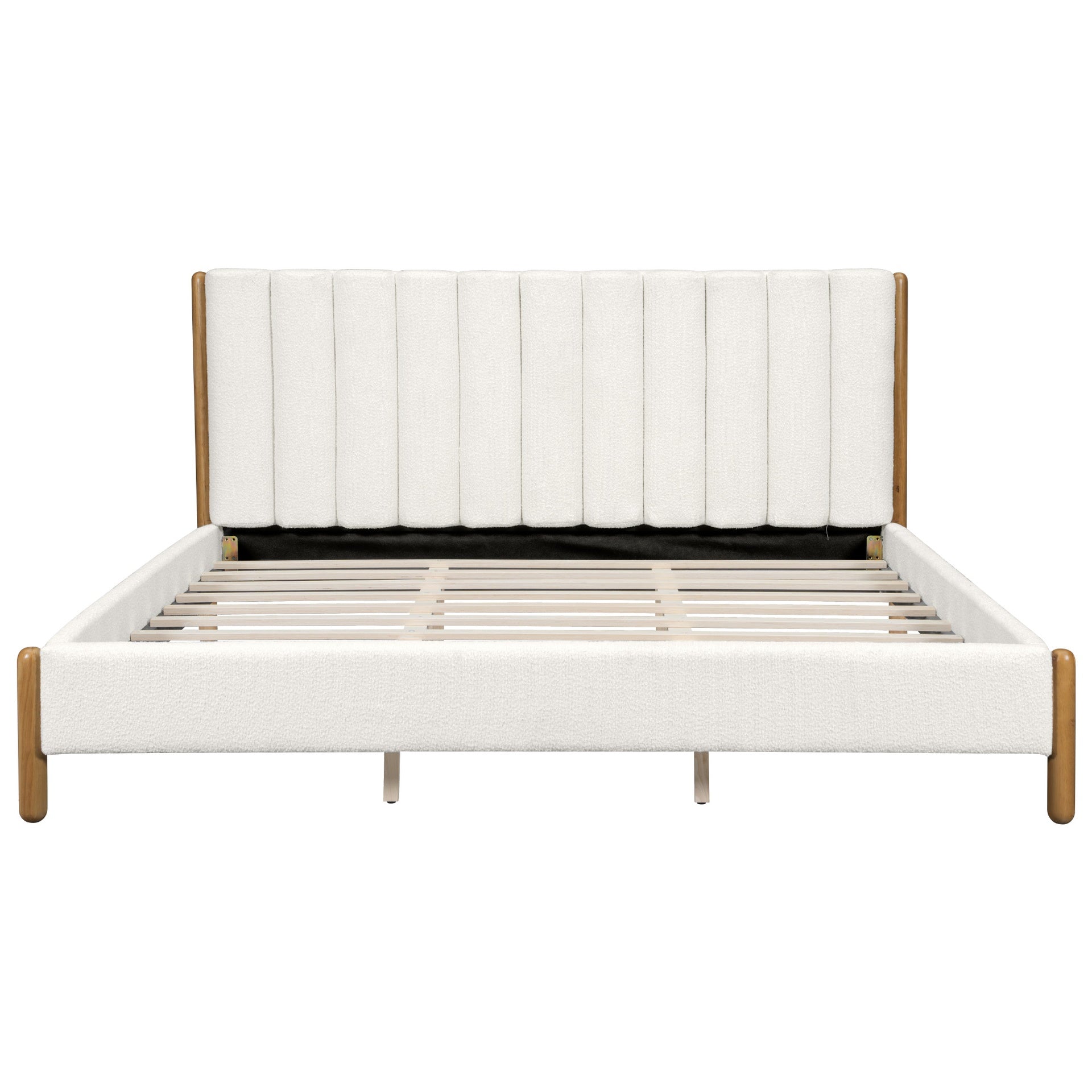 King Size Bed Frame with Boucle Upholstered Thick Headboard, Solid Wooden Legs, White