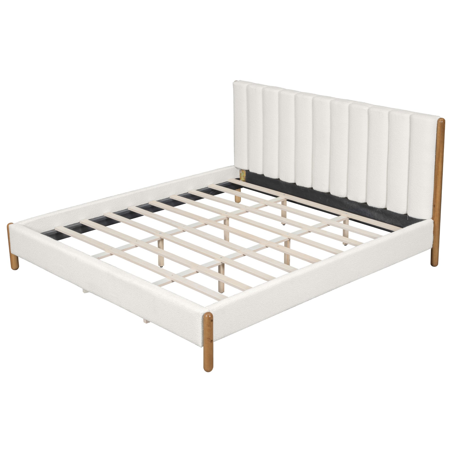 King Size Bed Frame with Boucle Upholstered Thick Headboard, Solid Wooden Legs, White