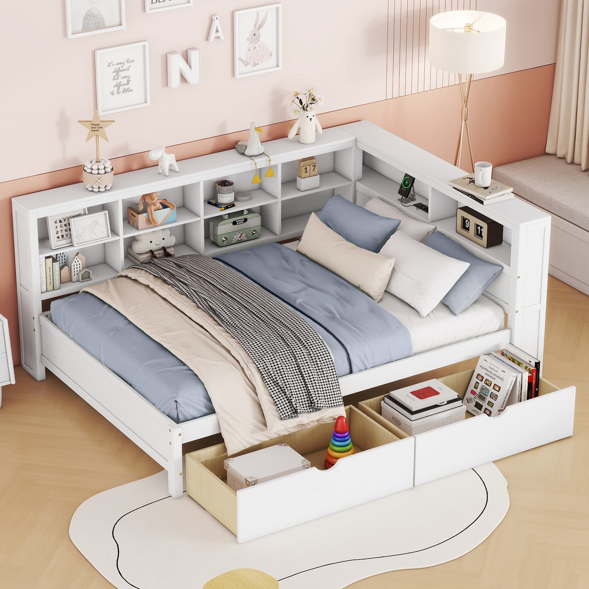 Wooden Full Size DayBed with 2 Drawers, DayBed with Storage Shelf and USB Charging Ports,White