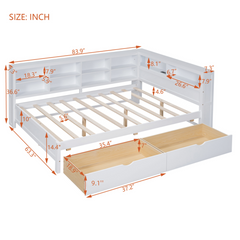 Wooden Full Size DayBed with 2 Drawers, DayBed with Storage Shelf and USB Charging Ports,White