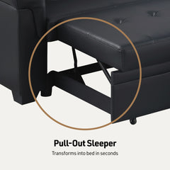 Lucca 84"W Black Vegan Leather Modern Reversible Sleeper Sectional Sofa with Storage Chaise