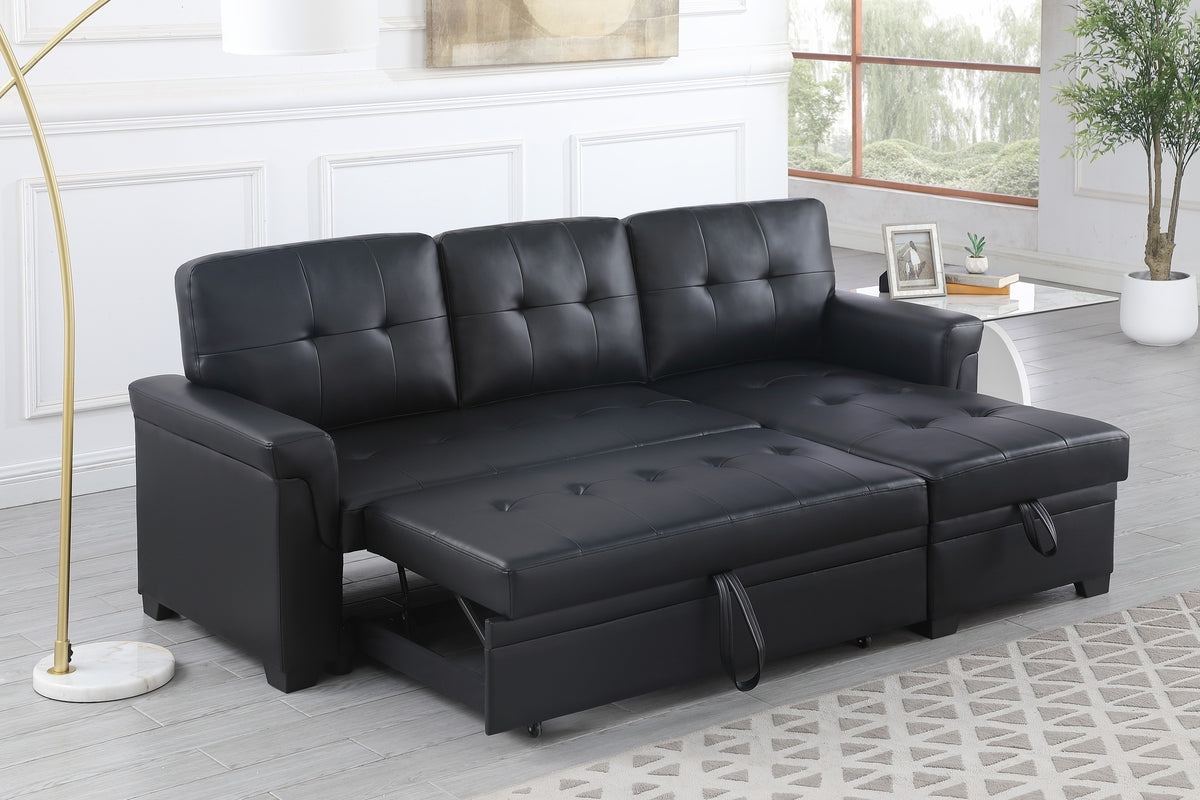 Lucca 84"W Black Vegan Leather Modern Reversible Sleeper Sectional Sofa with Storage Chaise