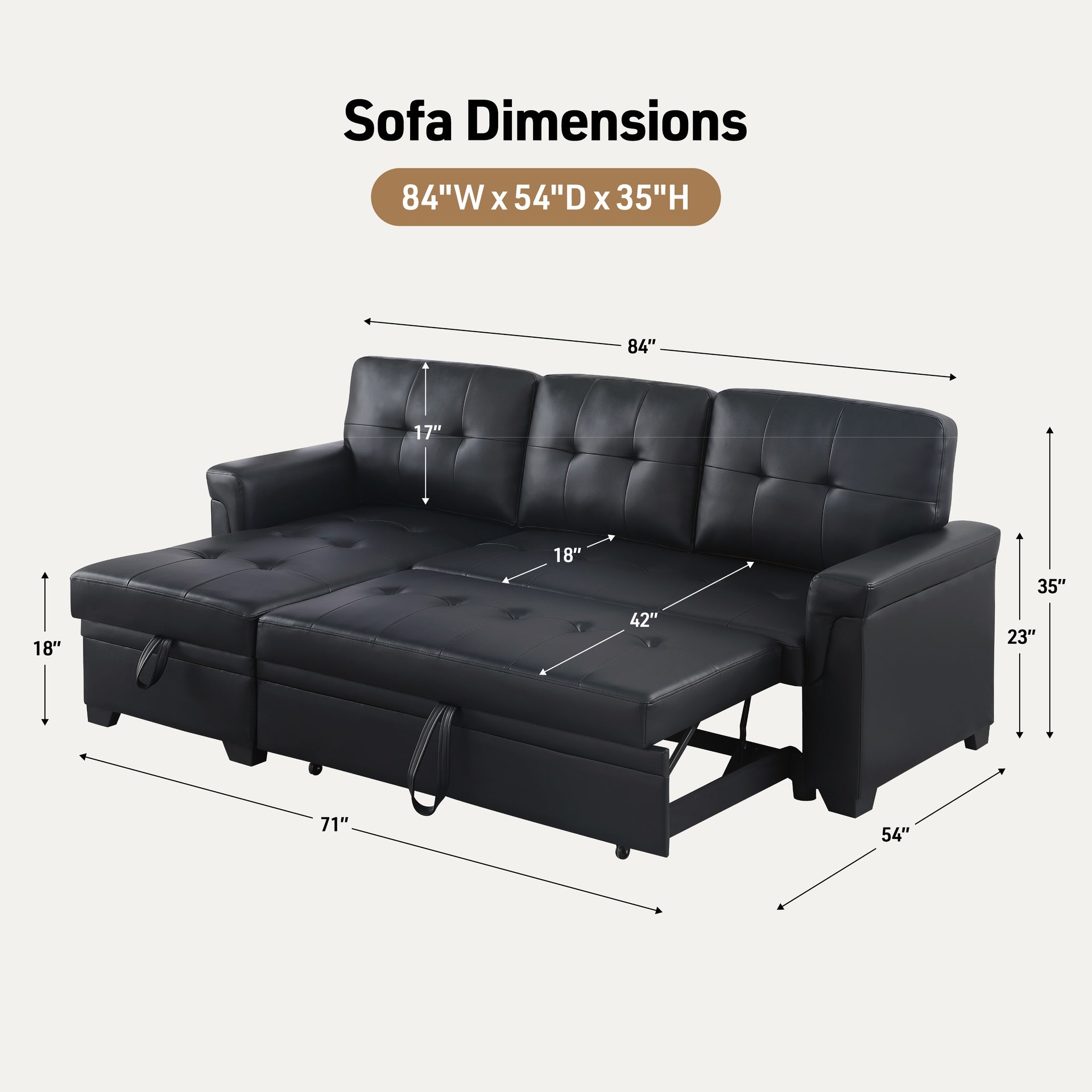 Lucca 84"W Black Vegan Leather Modern Reversible Sleeper Sectional Sofa with Storage Chaise