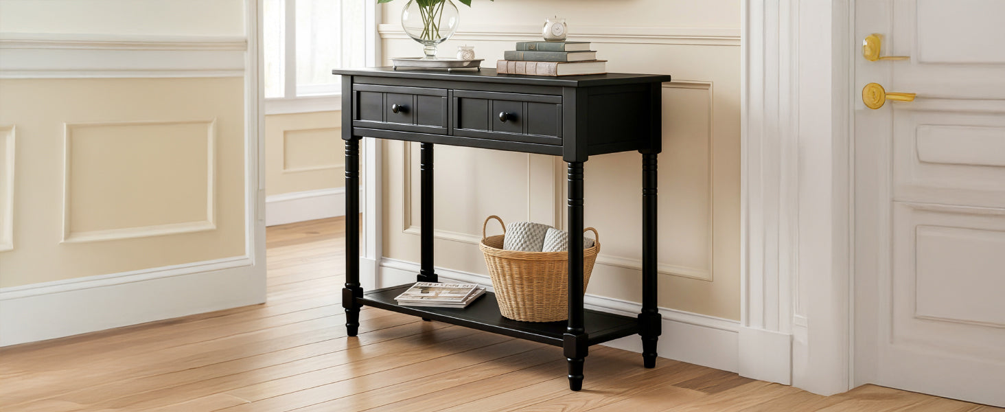TREXM Daisy Series Console Table Traditional Design with Two Drawers and Bottom Shelf (Black)
