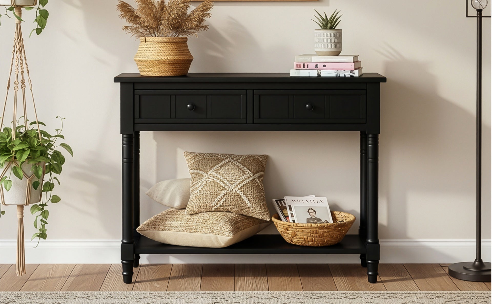 TREXM Daisy Series Console Table Traditional Design with Two Drawers and Bottom Shelf (Black)