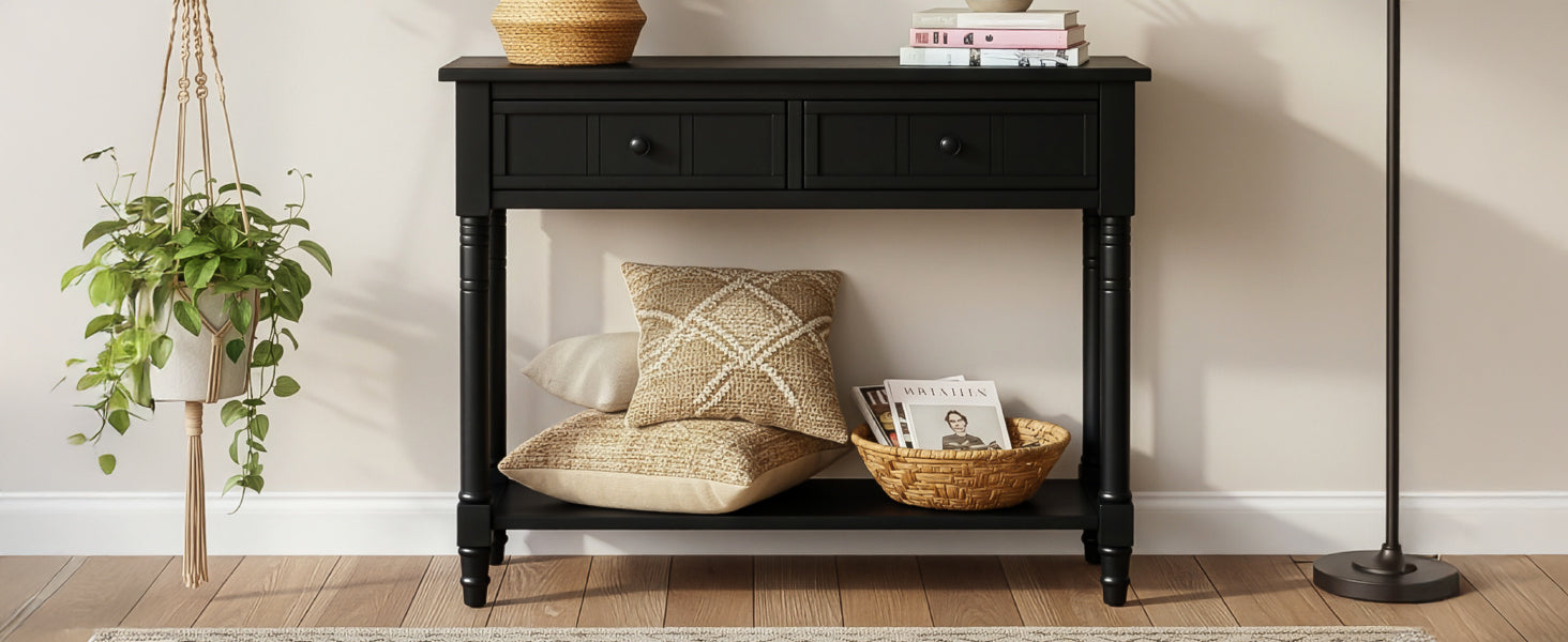 TREXM Daisy Series Console Table Traditional Design with Two Drawers and Bottom Shelf (Black)