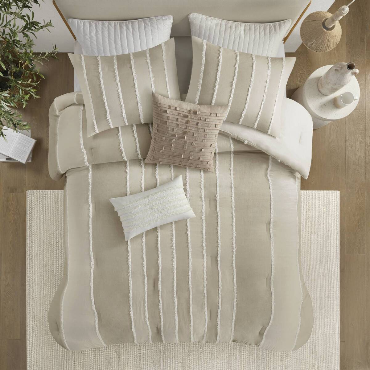 3 Piece Striped Cotton Comforter Set Taupe King/Cal King