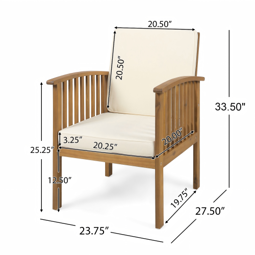 Patio Set Outdoor Acacia Wood Furniture Sets-Modern Club Chair Conversation Sets with Foldable End Table for Garden, Patio & Deck (Brown Patina+Cream Cushion)