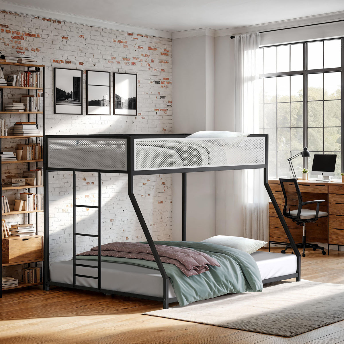 Contemporary Style Twin Over Full Metal Bunk Bed Attached Ladder Mattress Ready Black Finish Full Metal Construction