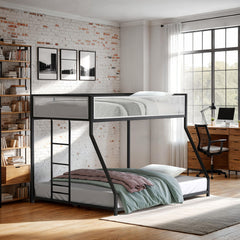 Contemporary Style Twin Over Full Metal Bunk Bed Attached Ladder Mattress Ready Black Finish Full Metal Construction