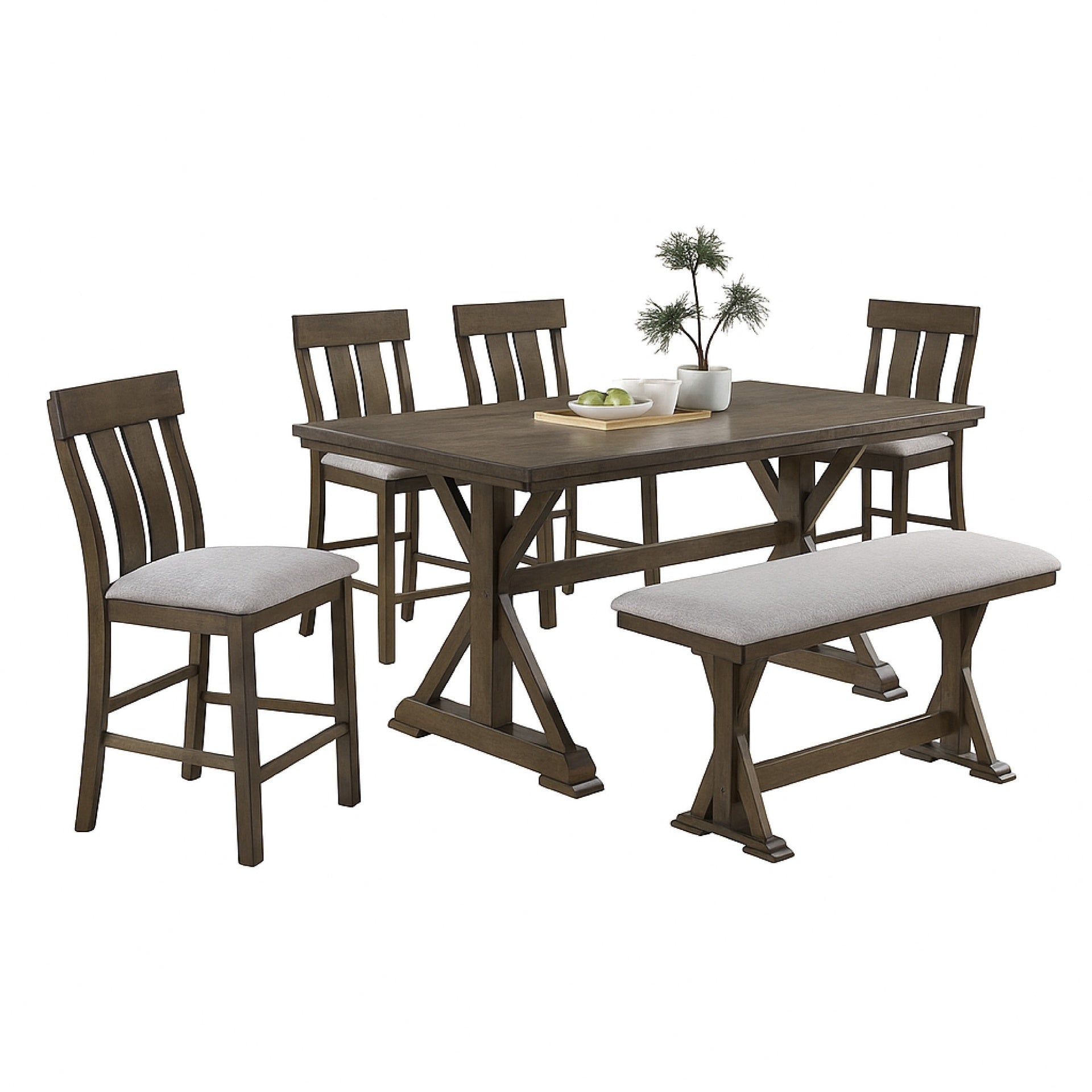 Omal Counter Height Dining Chair Set of 2, Brown Slatted Back, Gray Fabric
