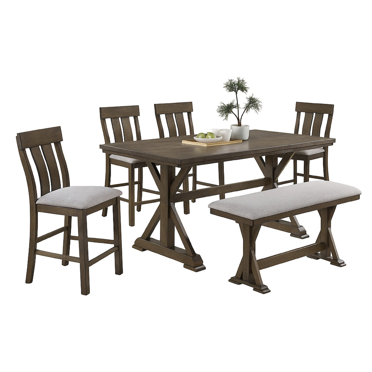 Omal Counter Height Dining Chair Set of 2, Brown Slatted Back, Gray Fabric