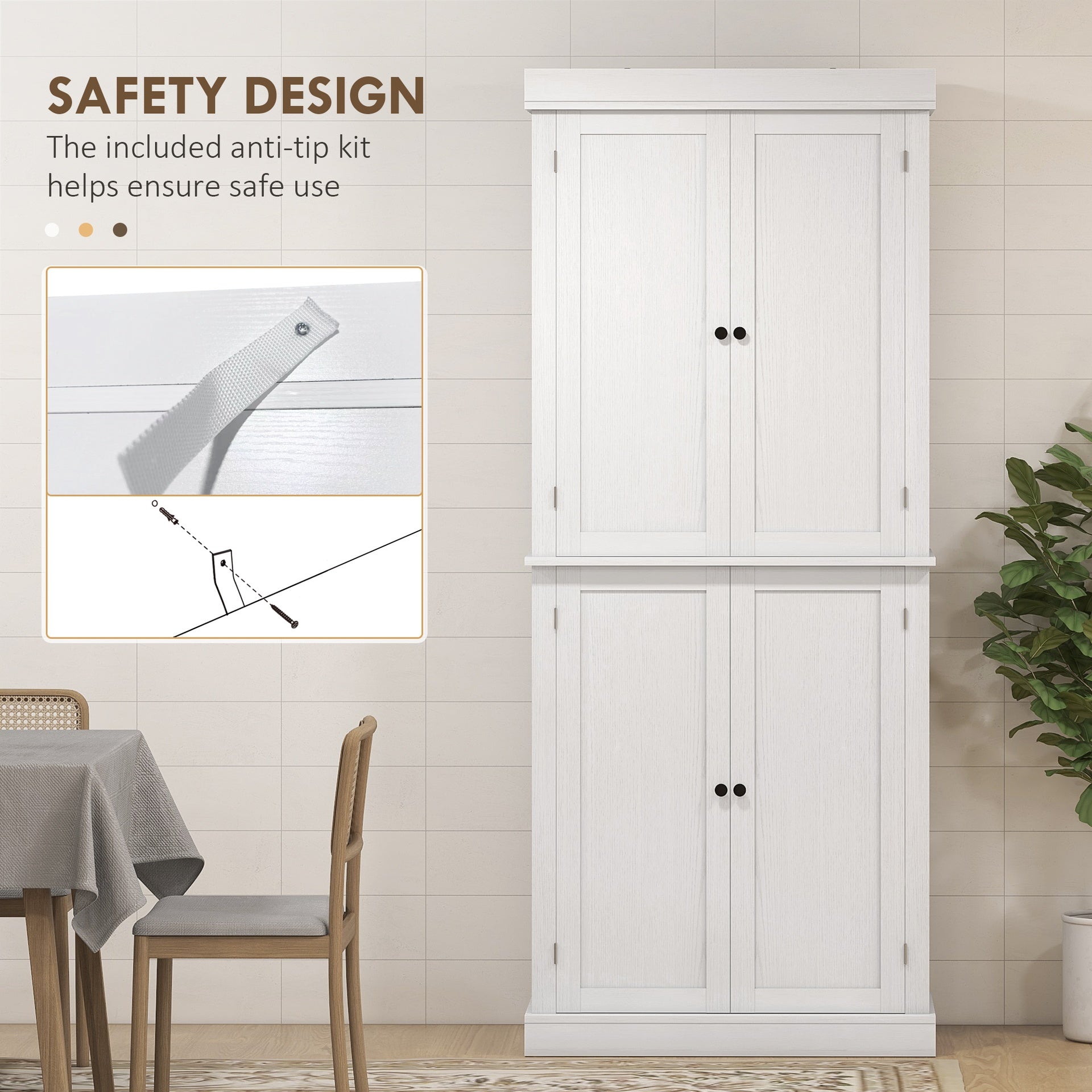 HOMCOM 72.5" Freestanding Kitchen Pantry Cabinet, Tall Storage Cabinet with 4 Doors and 2 Adjustable Shelves for Dining Room, White Wood Grain