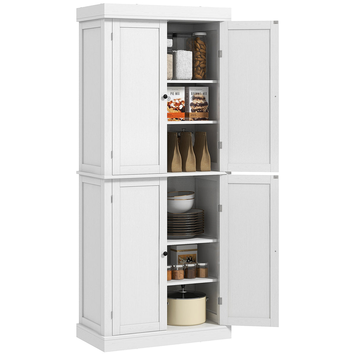 HOMCOM 72.5" Freestanding Kitchen Pantry Cabinet, Tall Storage Cabinet with 4 Doors and 2 Adjustable Shelves for Dining Room, White Wood Grain