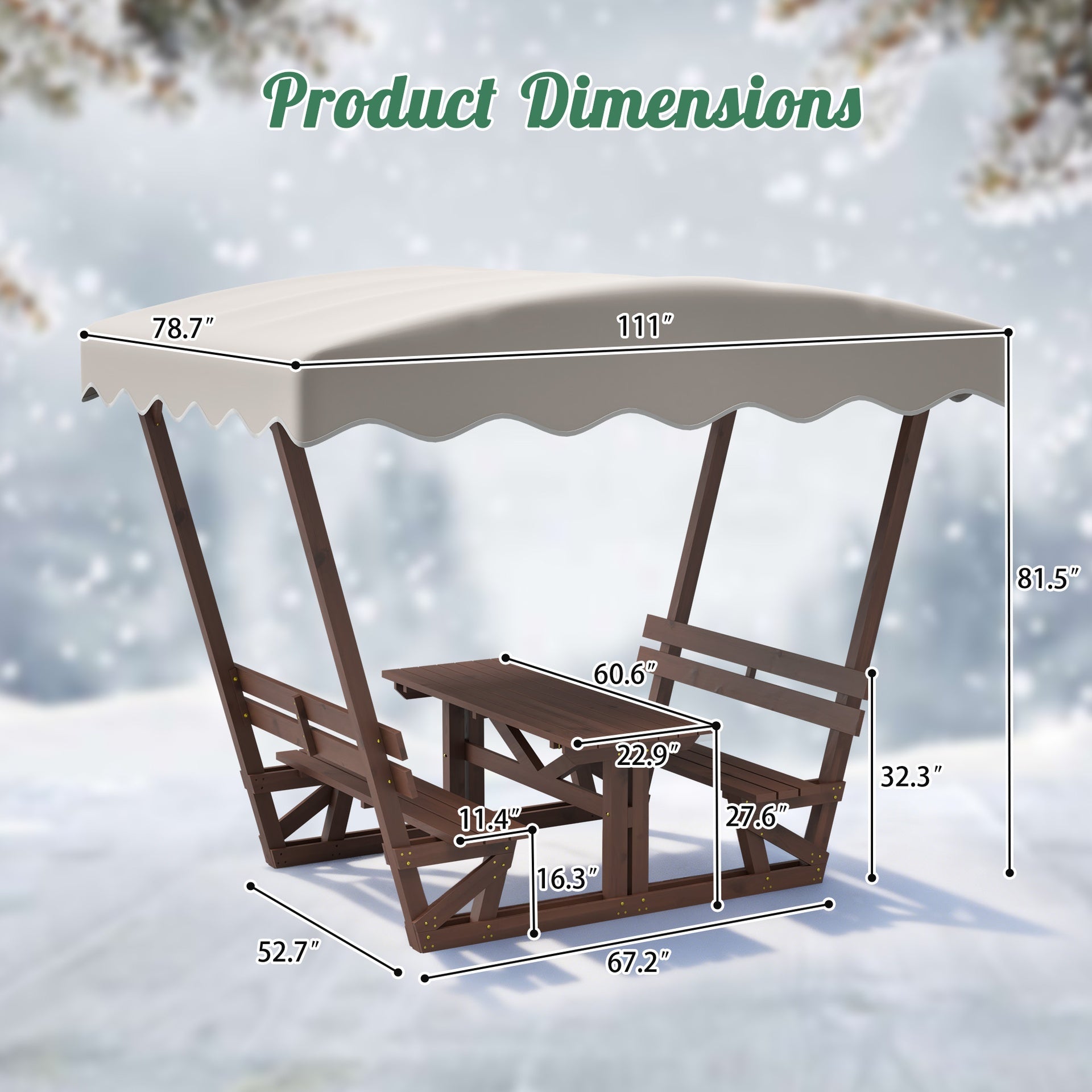 Outdoor waterproof solid wood picnic table and bench set with removable canopy - suitable for all-weather patios, gardens, decks, parks, beaches