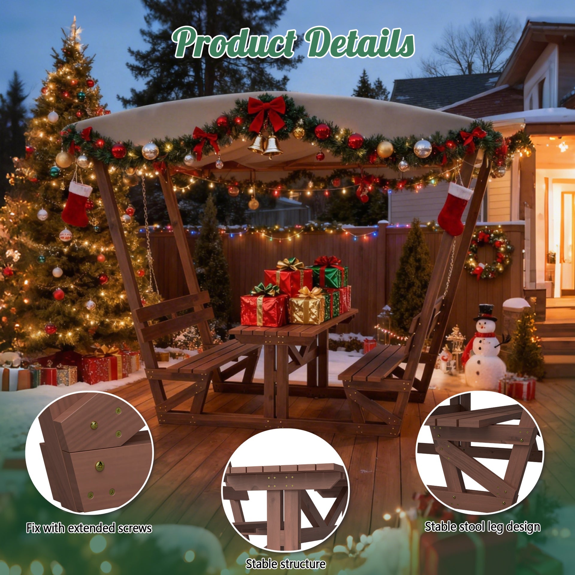 Outdoor waterproof solid wood picnic table and bench set with removable canopy - suitable for all-weather patios, gardens, decks, parks, beaches