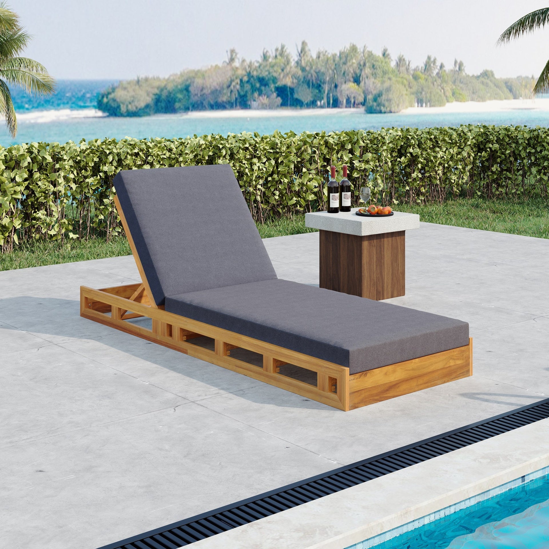 LOUNGE CHAISE SET, ACACIA WOOD WITH WATER-RESISTANT LOUNGE CUSHIONS (Dark Grey/ & 4 INCH THICK) - MATCHING CREAM VERSION AVAILABLE